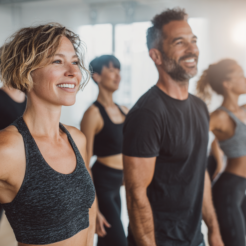 Mature adults participating in group fitness session with professional trainer in bright studio