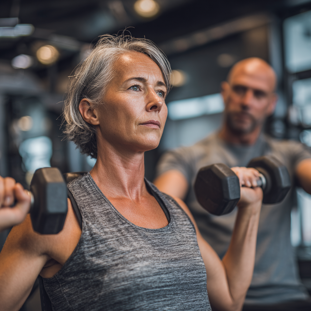 Middle-aged woman doing strength training with professional guidance in modern fitness environment